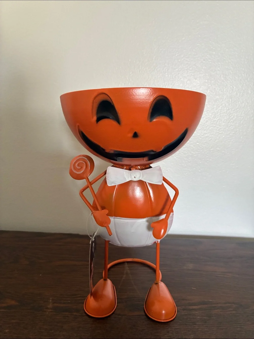 NWT- Orange Metal Jack-o-lantern Pumpkin Man Halloween Candy Bowl